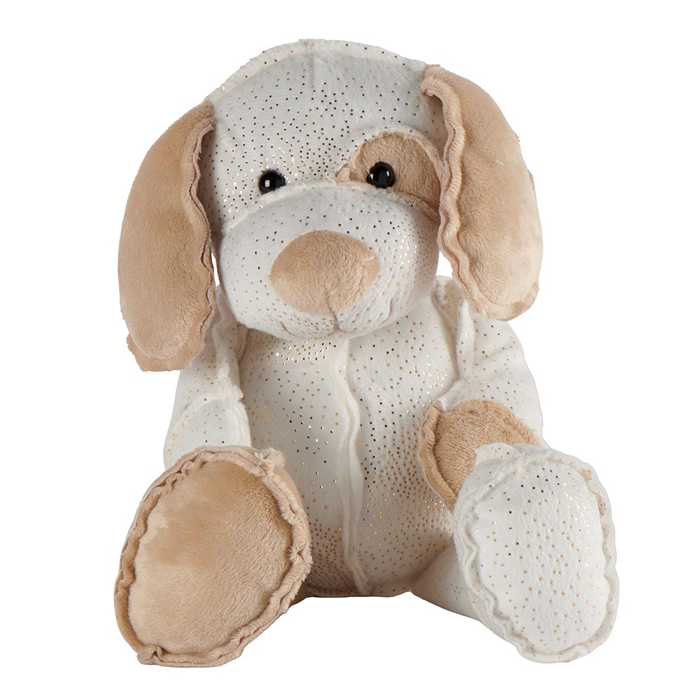 PELUCHE CHIEN SAM BLANC ET MARRON PAILLETE COUTURES APPARENTES 34 CM - Photo N°1