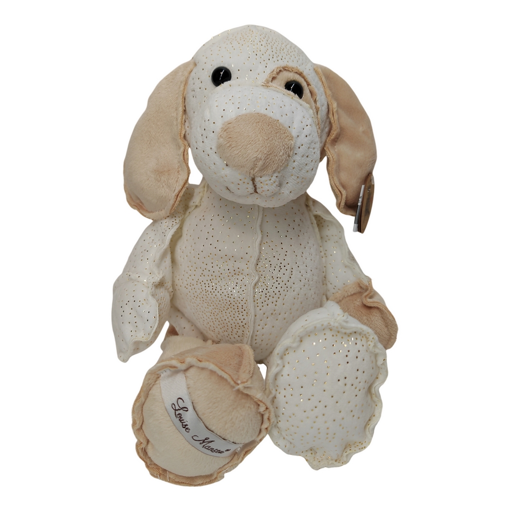 PELUCHE CHIEN SAM BLANC ET MARRON PAILLETE COUTURES APPARENTES 34 CM - Photo N°5