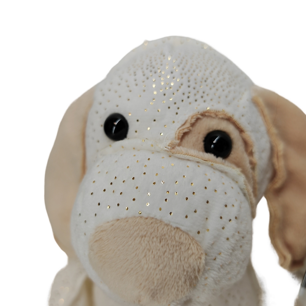 PELUCHE CHIEN SAM BLANC ET MARRON PAILLETE COUTURES APPARENTES 34 CM - Photo N°4