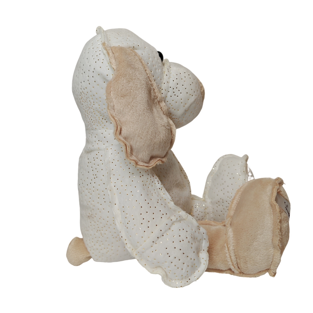 PELUCHE CHIEN SAM BLANC ET MARRON PAILLETE COUTURES APPARENTES 34 CM - Photo N°3