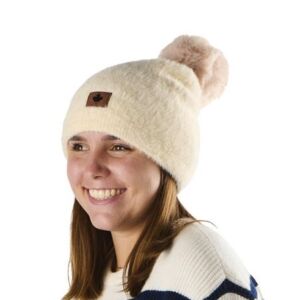 BONNET POMPON FAUSSE FOURRURE COULEUR CREME 22 X 30 CM