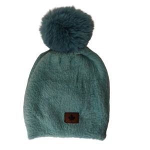 BONNET POMPON FAUSSE FOURRURE COULEUR BLEU 22 X 30 CM