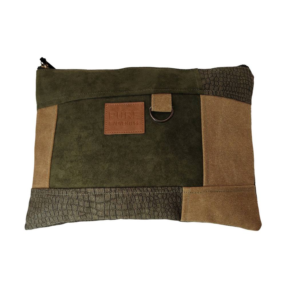 GRANDE POCHETTE ZIPPE TOILE BICOLORE VINTAGE KAKI ET MARRON 33.5 X 24.5 CM - Photo N°1