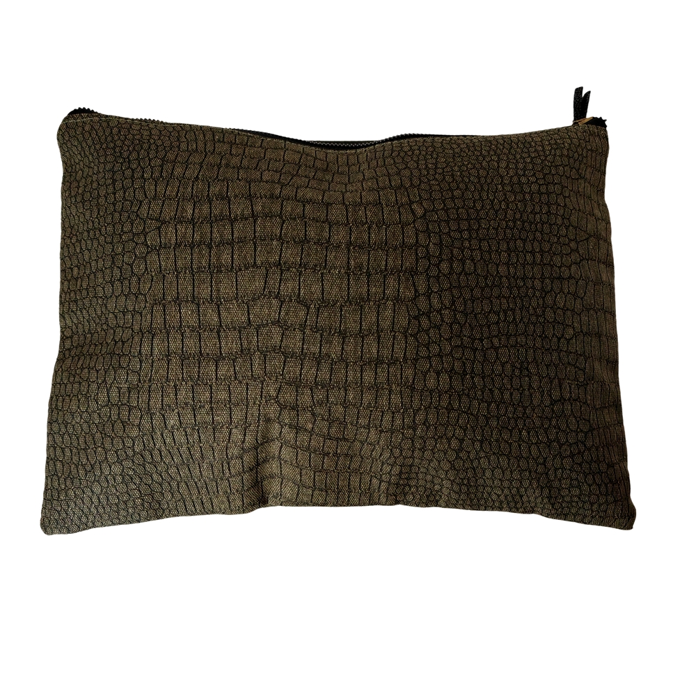 GRANDE POCHETTE ZIPPE TOILE BICOLORE VINTAGE KAKI ET MARRON 33.5 X 24.5 CM - Photo N°3