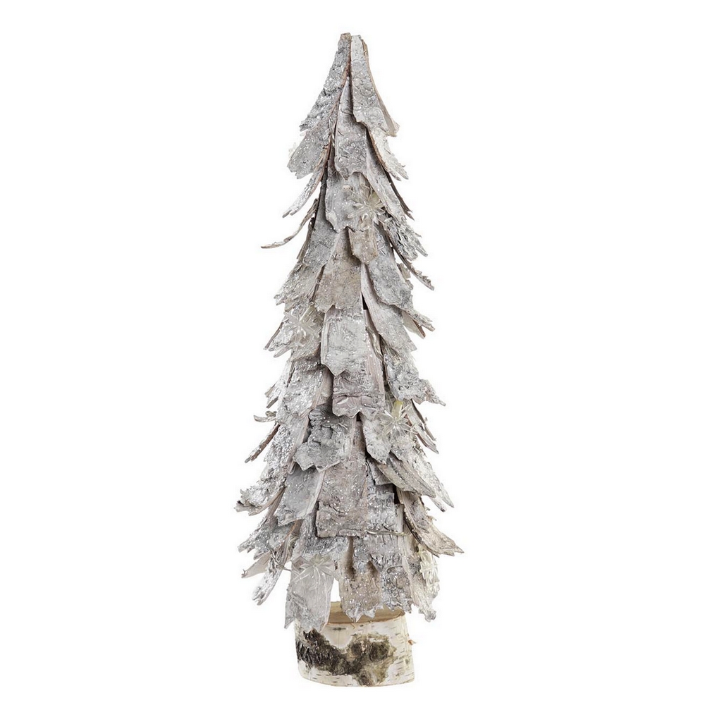 SAPIN EN ECORCE DE BOIS BLANCHI PAILLETTE ARGENTE ET LED 15 X 48 cm - Photo N°1