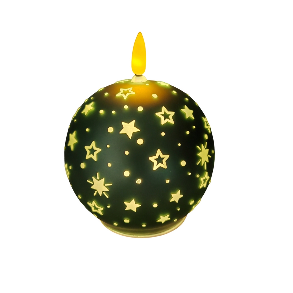 BOUGIE LED BOULE VERTE EN VERRE DECOR ETOILES 10 X 12 X 10 CM - Photo N°3