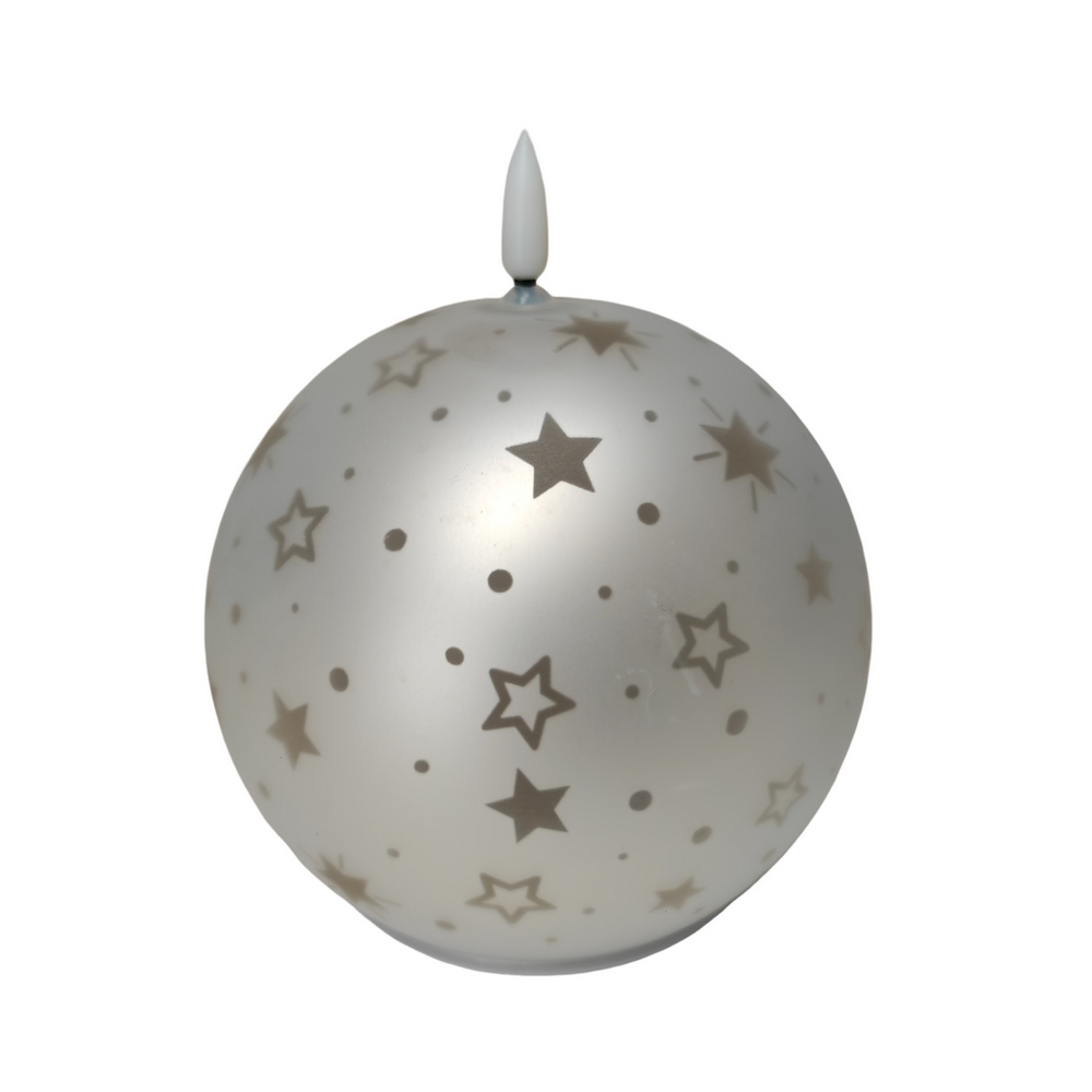 BOUGIE LED BOULE GRIS ARGENT EN VERRE DECOR ETOILES 12 X 13.5 X 12 CM - Photo N°2