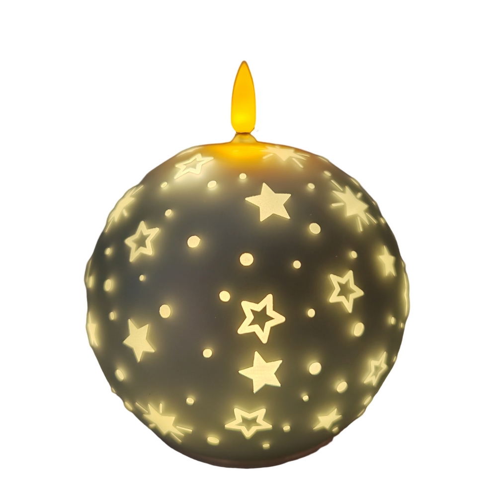 BOUGIE LED BOULE GRIS ARGENT EN VERRE DECOR ETOILES 12 X 13.5 X 12 CM - Photo N°3