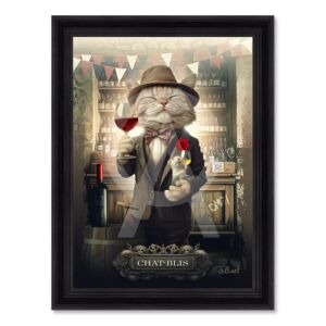 TOILE IMPRESSION S BINET CHAT- BLIS ENCADREMENT NOIR 63 X 83 CM