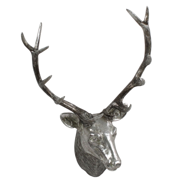 TETE DE CERF A FIXER AU MUR EN RESINE ASPECT METAL ARGENT 76 CM - Photo N°1