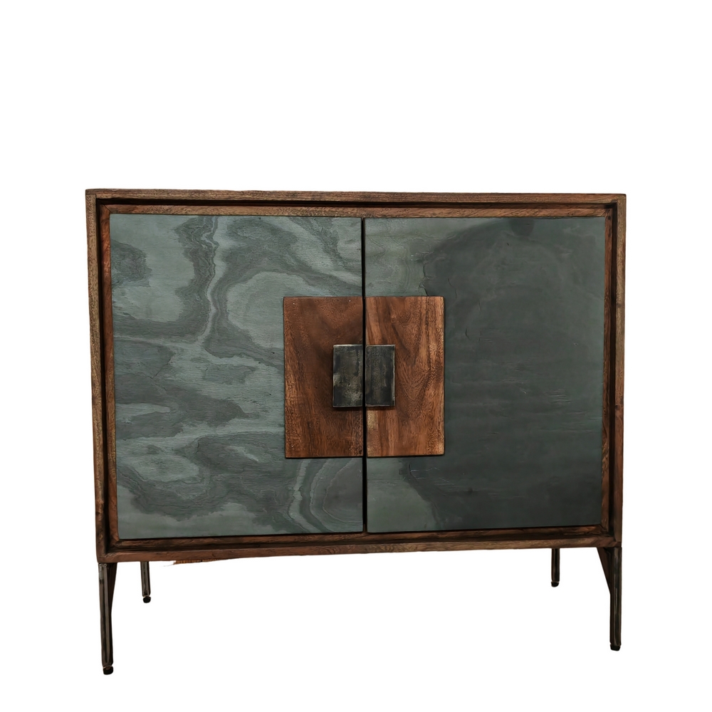 MEUBLE EN ACACIA DEUX PORTES ASPECT BETON PIEDS METAL 88 X 34 X 78.5 CM - Photo N°1