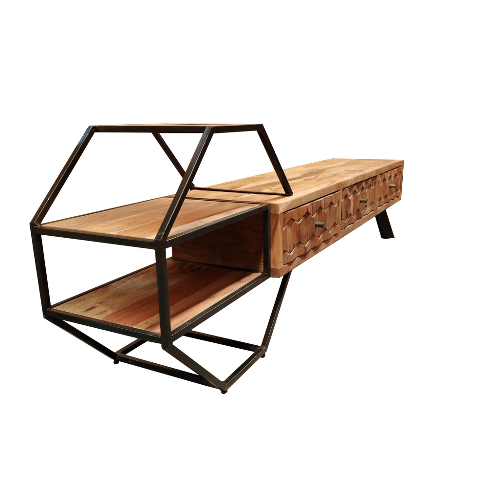 MEUBLE TV DESTRUCTURE OCTAN ACACIA ET METAL 3 TIROIRS 190 X 35 X 60 CM - Photo N°7