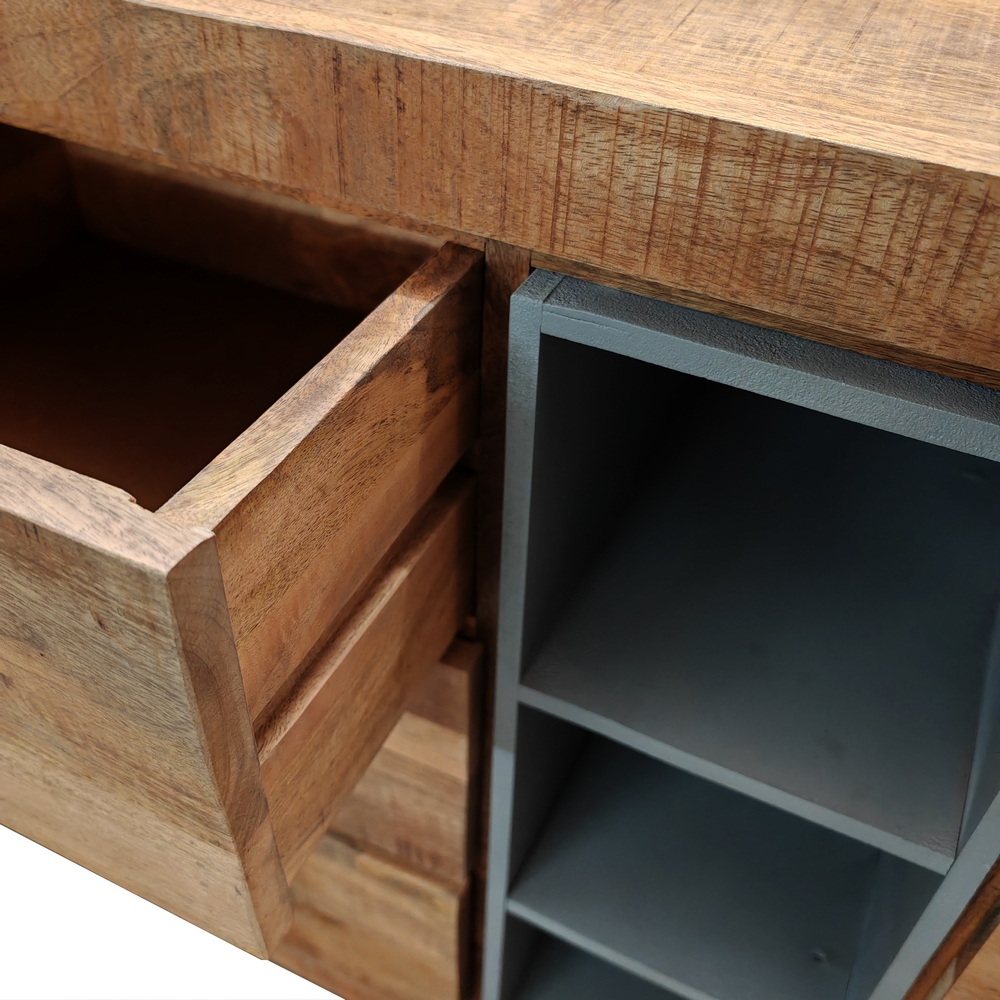 MEUBLE 2 PORTES 3 TIROIRS 3 NICHES EN PALISSANDRE ET METAL 148 X 38 X 80 CM - Photo N°8