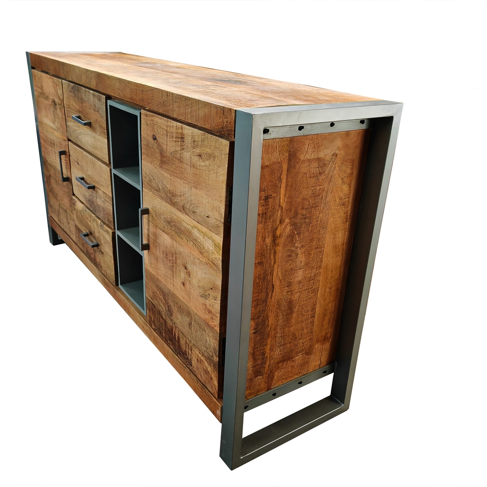 MEUBLE 2 PORTES 3 TIROIRS 3 NICHES EN PALISSANDRE ET METAL 148 X 38 X 80 CM - Photo N°7