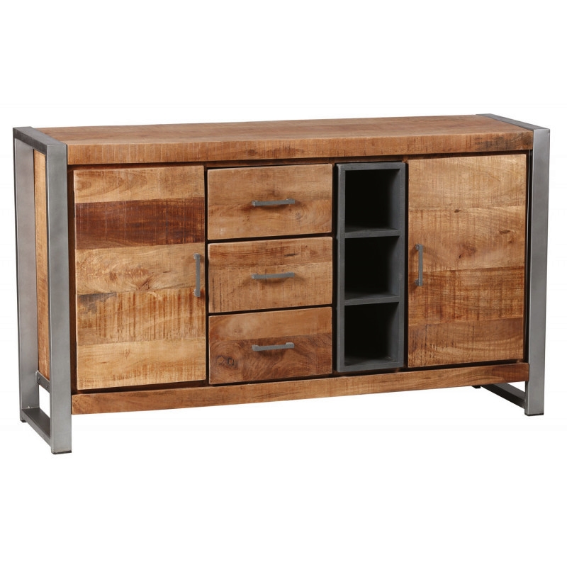 MEUBLE 2 PORTES 3 TIROIRS 3 NICHES EN PALISSANDRE ET METAL 148 X 38 X 80 CM - Photo N°1