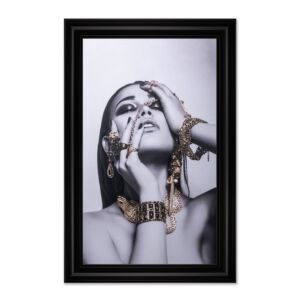 IMPRESSION FEMME BIJOUX EN OR ET NOIR ET BLANC LIQUID GEL ET STRASS 76 X 116 CM