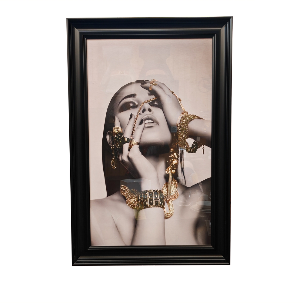 IMPRESSION FEMME BIJOUX EN OR ET NOIR ET BLANC LIQUID GEL ET STRASS 76 X 116 CM - Photo N°2