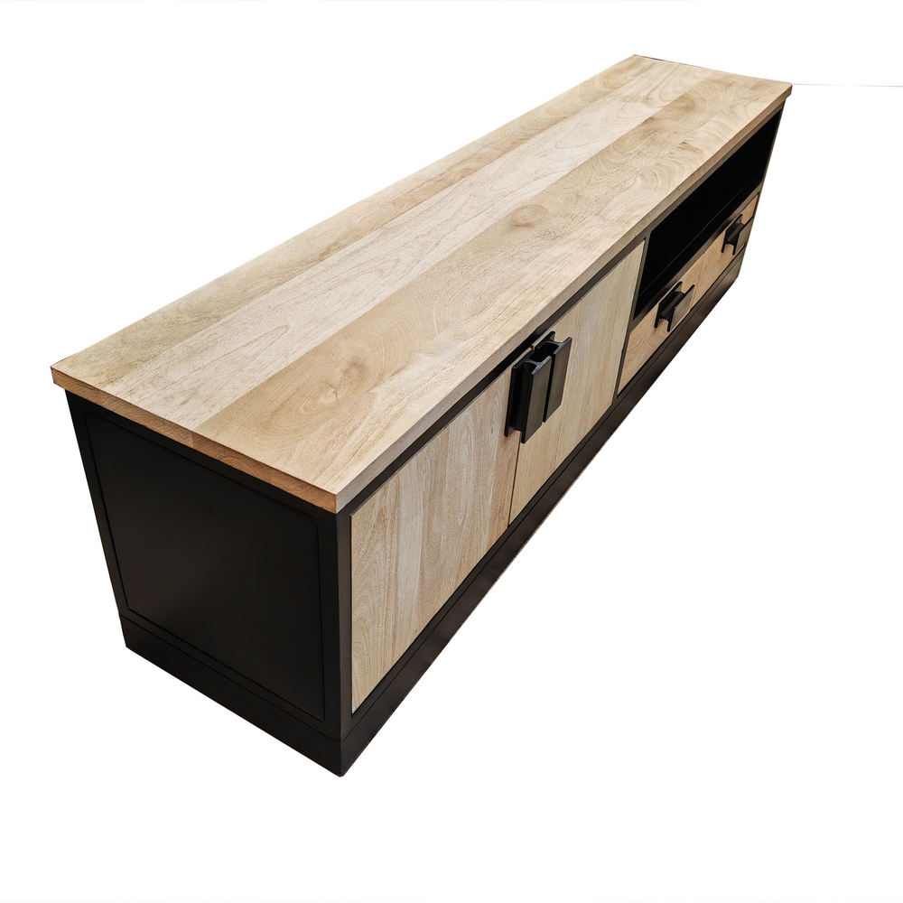 MEUBLE TV MANGUIER ET METAL 2 PORTES 2 TIROIRS 1 NICHE 180 X 43.5 X 51 CM - Photo N°8