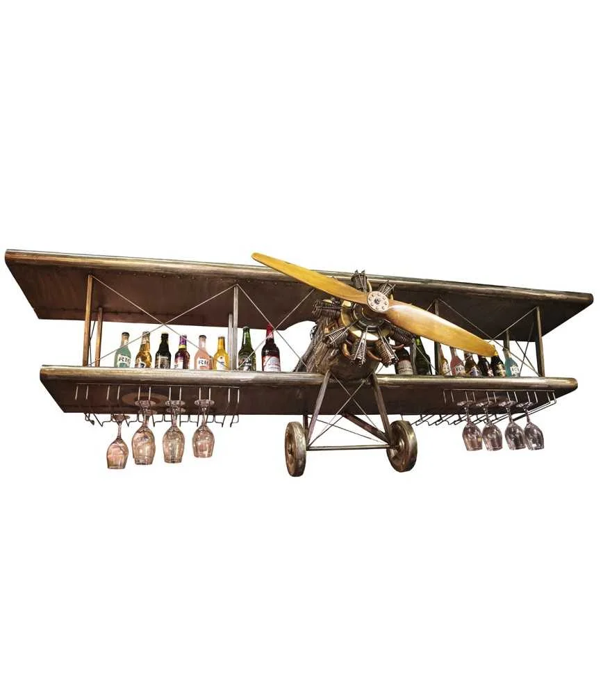 ARRIERE DE BAR ETAGERE FACE D'AVION METAL AVEC RANGE VERRE 250 x 75 x 76 CM - Photo N°1