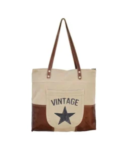 SAC A MAIN TOILE ET CUIR  VINTAGE FACTORY COGNAC ET ECRU 44 X 40 X 9 CM