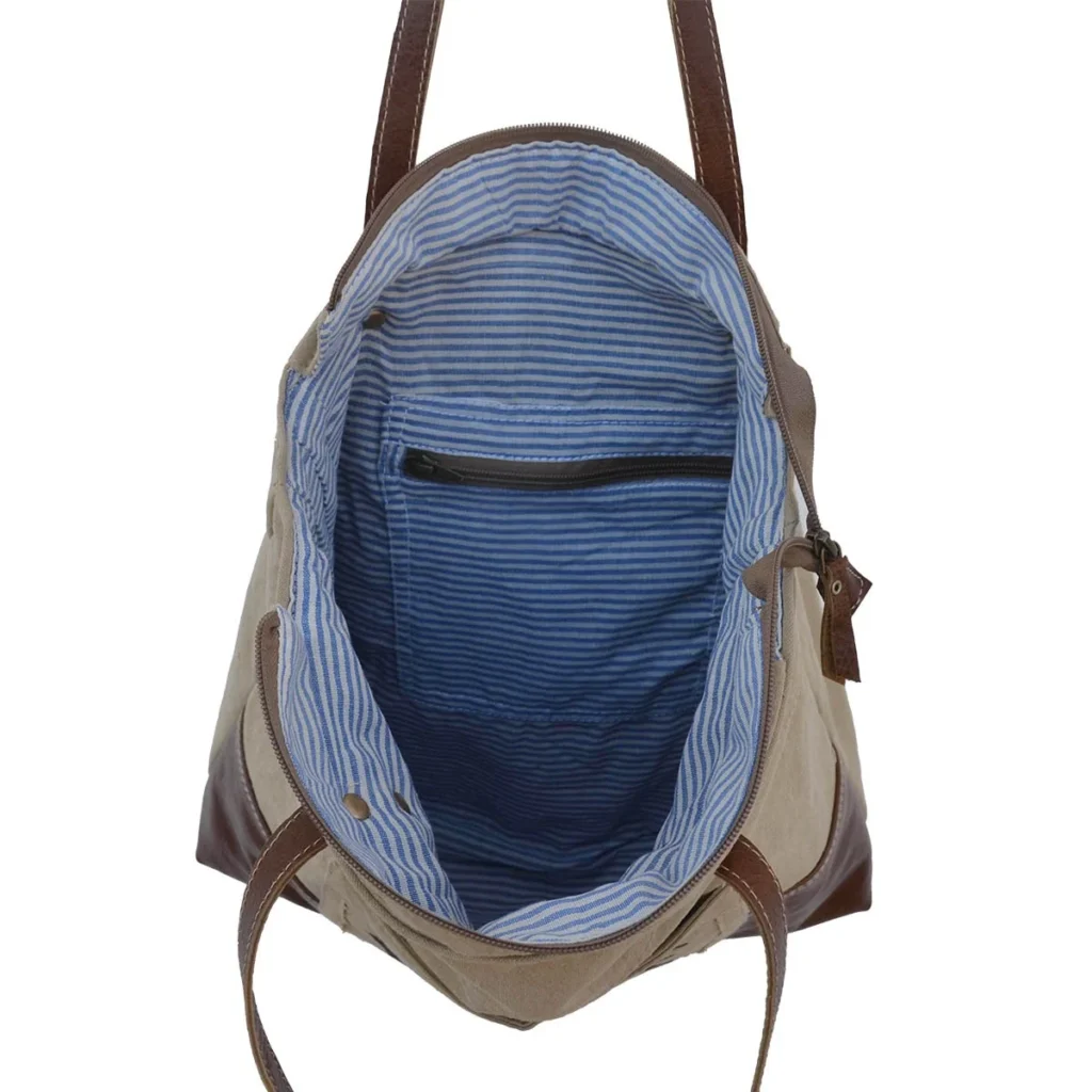 SAC A MAIN TOILE ET CUIR  VINTAGE FACTORY COGNAC ET ECRU 44 X 40 X 9 CM - Photo N°3