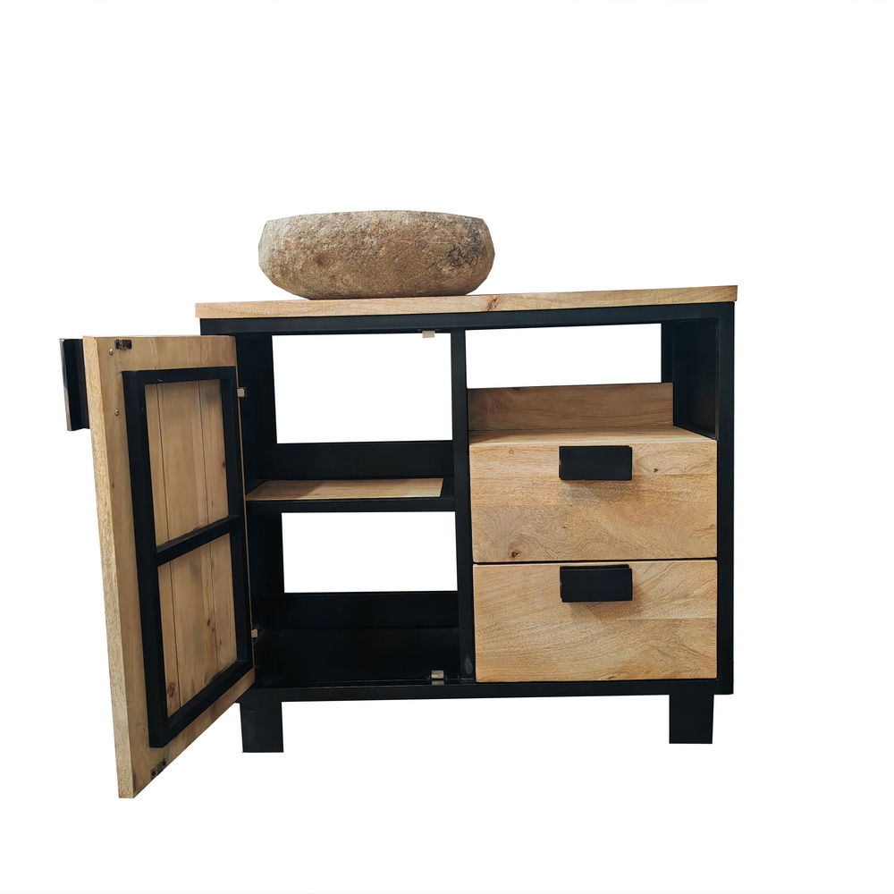 MEUBLE SALLE DE BAIN MODELE IPN MANGUIER ET METAL 1 P 2 T NICHE  90 X 80 X 45 CM - Photo N°2