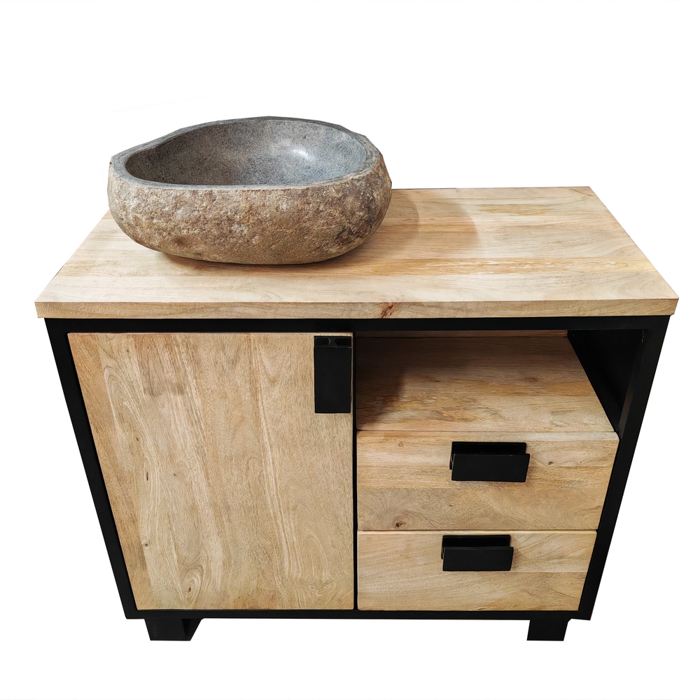 MEUBLE SALLE DE BAIN MODELE IPN MANGUIER ET METAL 1 P 2 T NICHE  90 X 80 X 45 CM - Photo N°6