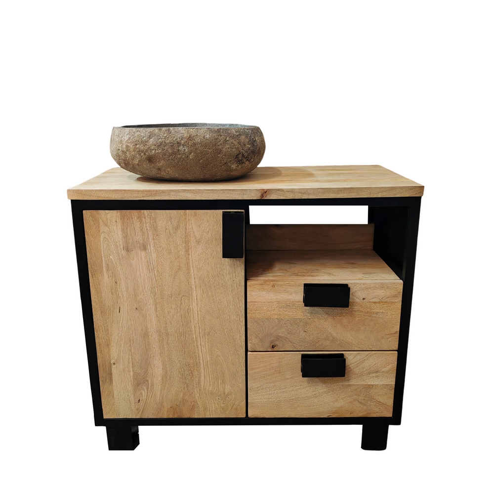 MEUBLE SALLE DE BAIN MODELE IPN MANGUIER ET METAL 1 P 2 T NICHE  90 X 80 X 45 CM - Photo N°1