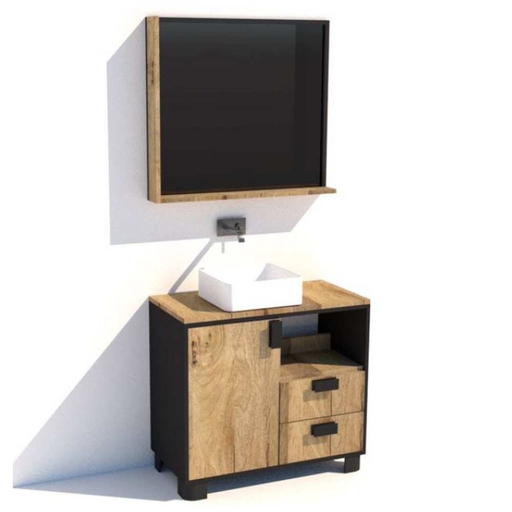 MEUBLE SALLE DE BAIN MODELE IPN MANGUIER ET METAL 1 P 2 T NICHE  90 X 80 X 45 CM - Photo N°8