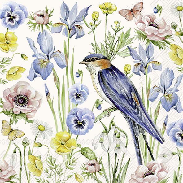 20 SERVIETTES EN PAPIER OISEAU ET FLEURS PRINTANIERES 33 X 33 CM - Photo N°1