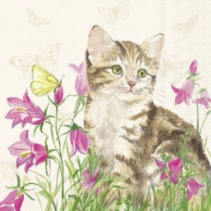 20 SERVIETTES EN PAPIER CHATON ET FLEURS 33 X 33 CM