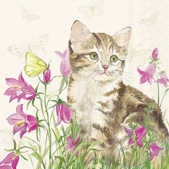 20 SERVIETTES EN PAPIER CHATON ET FLEURS 33 X 33 CM - Photo N°1