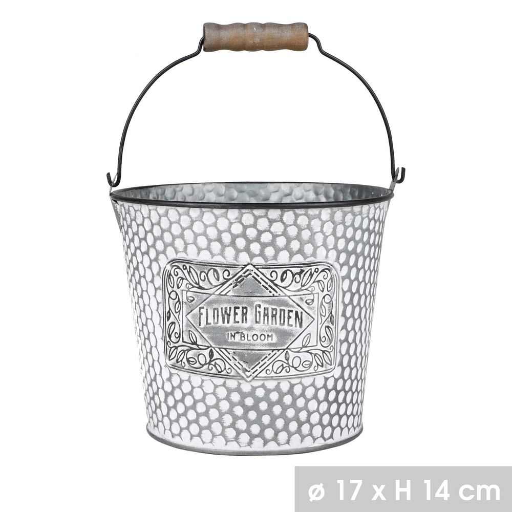SEAU CACHE POT EN METAL FLOWERS  et  GARDEN AVEC ANSE 17 X 14 X 17 CM - Photo N°1