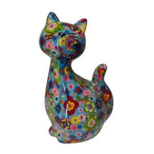 TIRELIRE CHAT CARAMEL POMME PIDOU BLEUE ET FLEURS