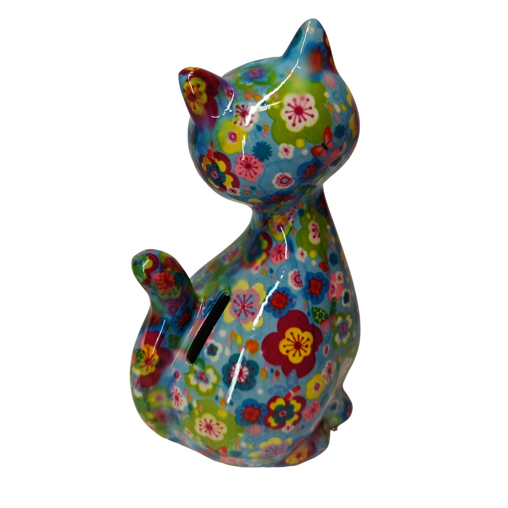 TIRELIRE CHAT CARAMEL POMME PIDOU BLEUE ET FLEURS - Photo N°3