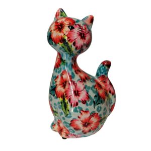 TIRELIRE CHAT CARAMEL POMME PIDOU BLEUE ET HIBISCUS