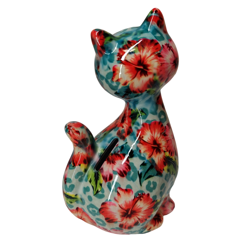 TIRELIRE CHAT CARAMEL POMME PIDOU BLEUE ET HIBISCUS - Photo N°3