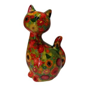 TIRELIRE CHAT CARAMEL POMME PIDOU VERTE ET FLEURS