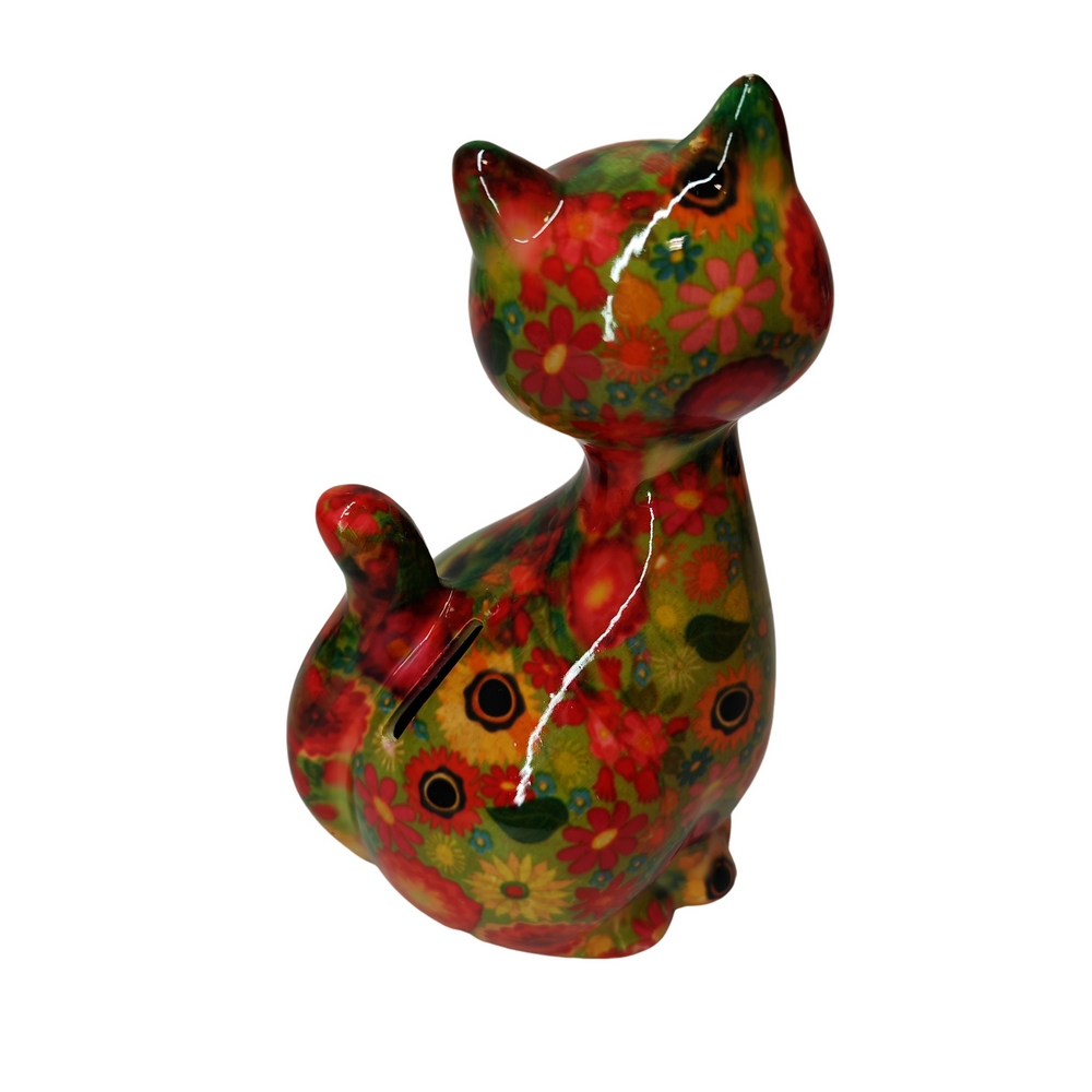 TIRELIRE CHAT CARAMEL POMME PIDOU VERTE ET FLEURS - Photo N°3