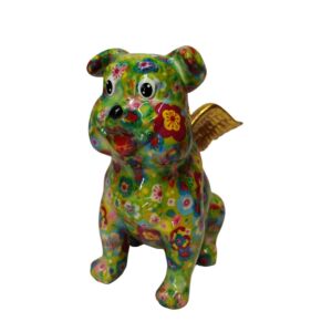 TIRELIRE BULLDOG ANGEL'S POMME PIDOU VERTE ET FLEURS