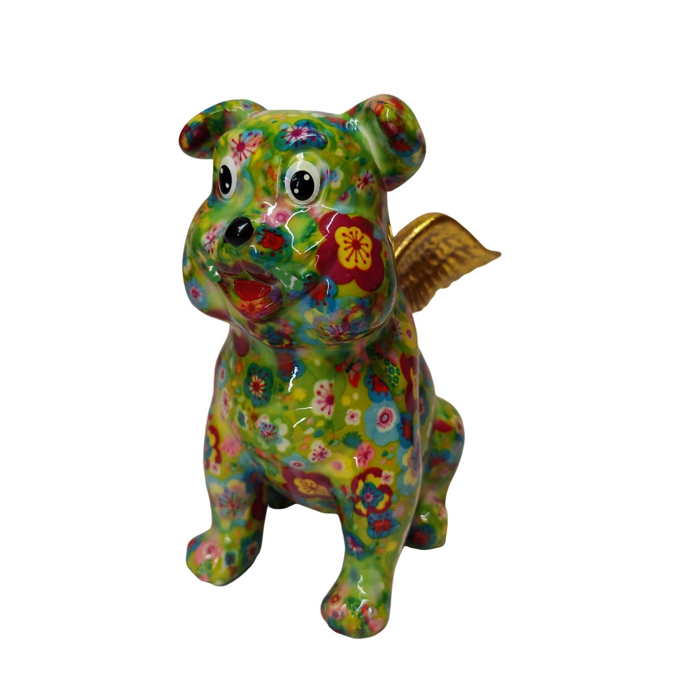 TIRELIRE BULLDOG ANGEL'S POMME PIDOU VERTE ET FLEURS - Photo N°1