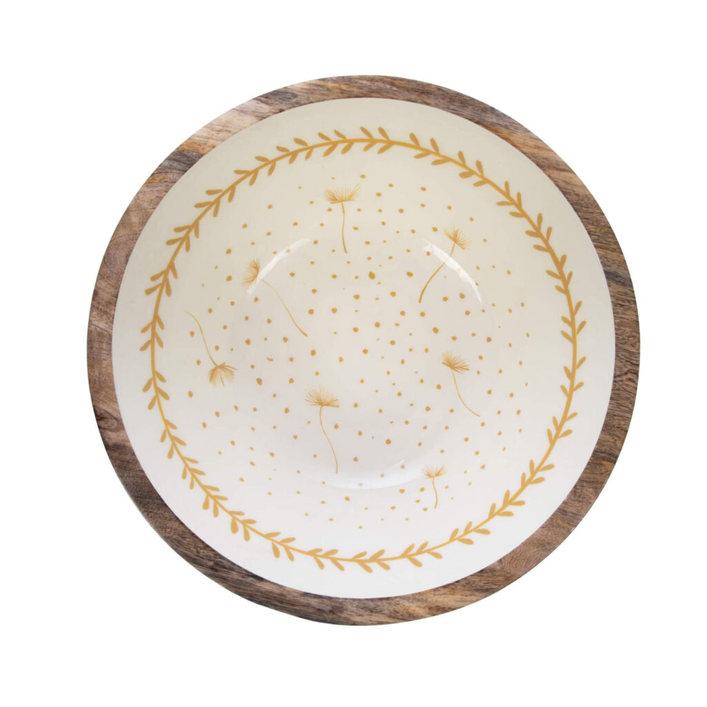 SALADIER ROMY BOIS DE MANGUIER ET DECOR BLANC ET JAUNE 35 X 12 CM - Photo N°2