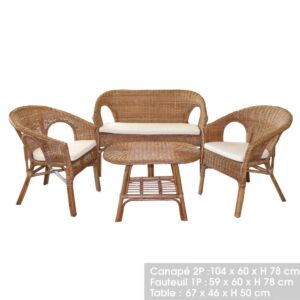 SALON JARDIN COMPLET ROTIN SIENNA 2 FAUTEUILS 1 TABLE 1 CANAPE