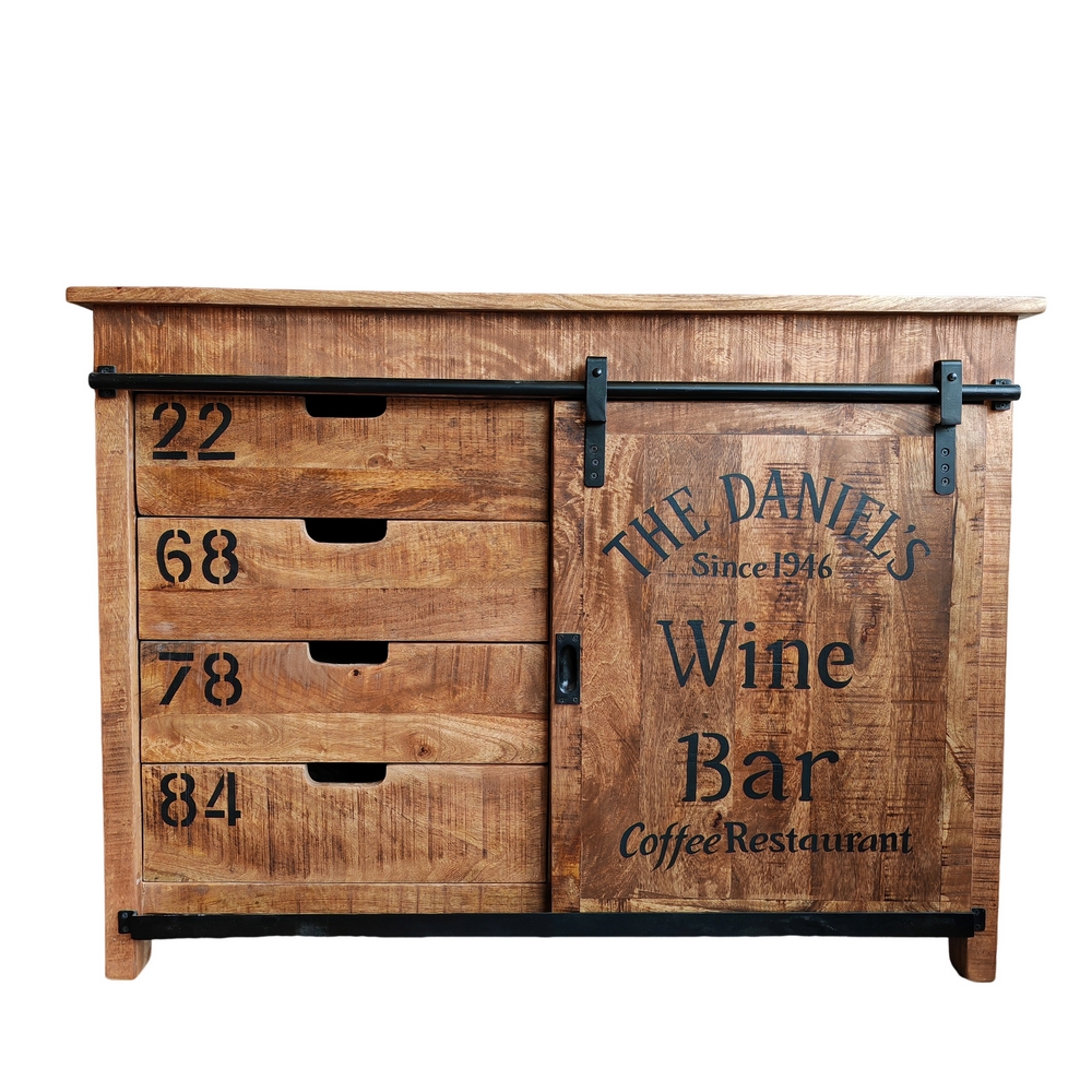 DRESSOIR BAS DUBLIN MANGUIER ET METAL 1 PORTE  4 TIROIRS 116 X 40.5 X 85.5 CM - Photo N°1