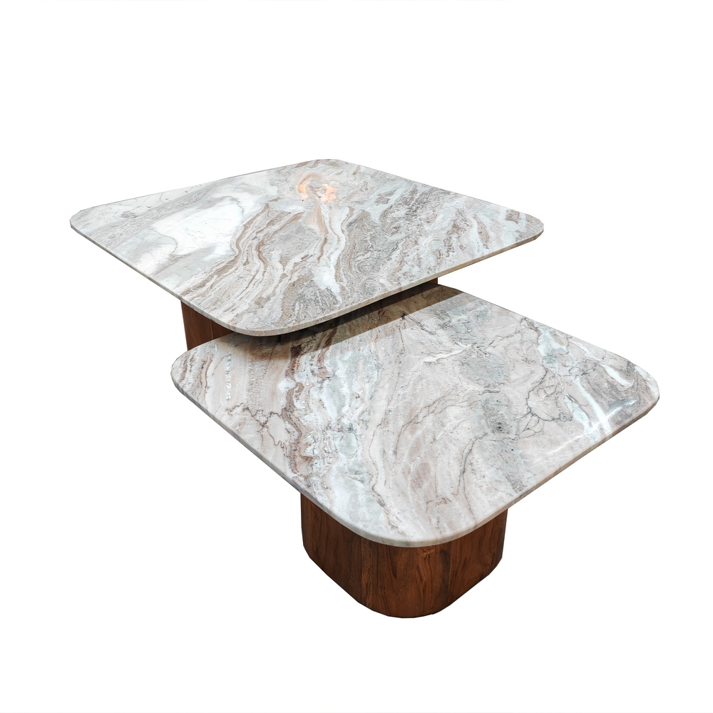SET 2 TABLES DE SALON MARBRE ET ACACIA 80 X 40 X 80 CM / 60 X 37 X 60 CM - Photo N°1
