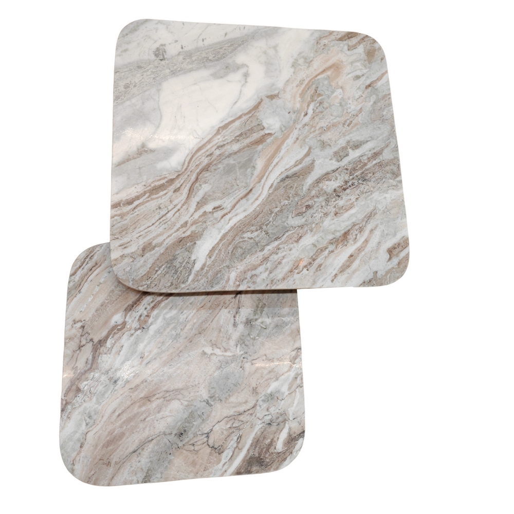 SET 2 TABLES DE SALON MARBRE ET ACACIA 80 X 40 X 80 CM / 60 X 37 X 60 CM - Photo N°2