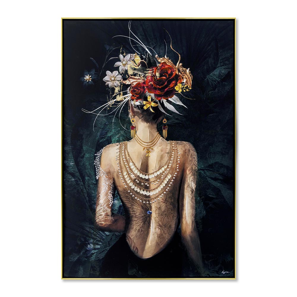 PEINTURE DE FEMME DOS NU TATOUE COIFFE DE FLEURS 80 X 120  CM - Photo N°1