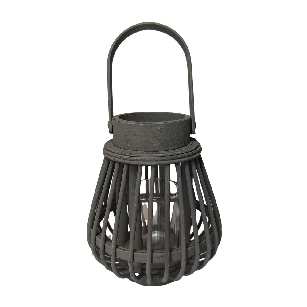 LANTERNE EN BAMBOU GRISE VERRE CYLINDRIQUE 14 X 17 X 14 CM - Photo N°1