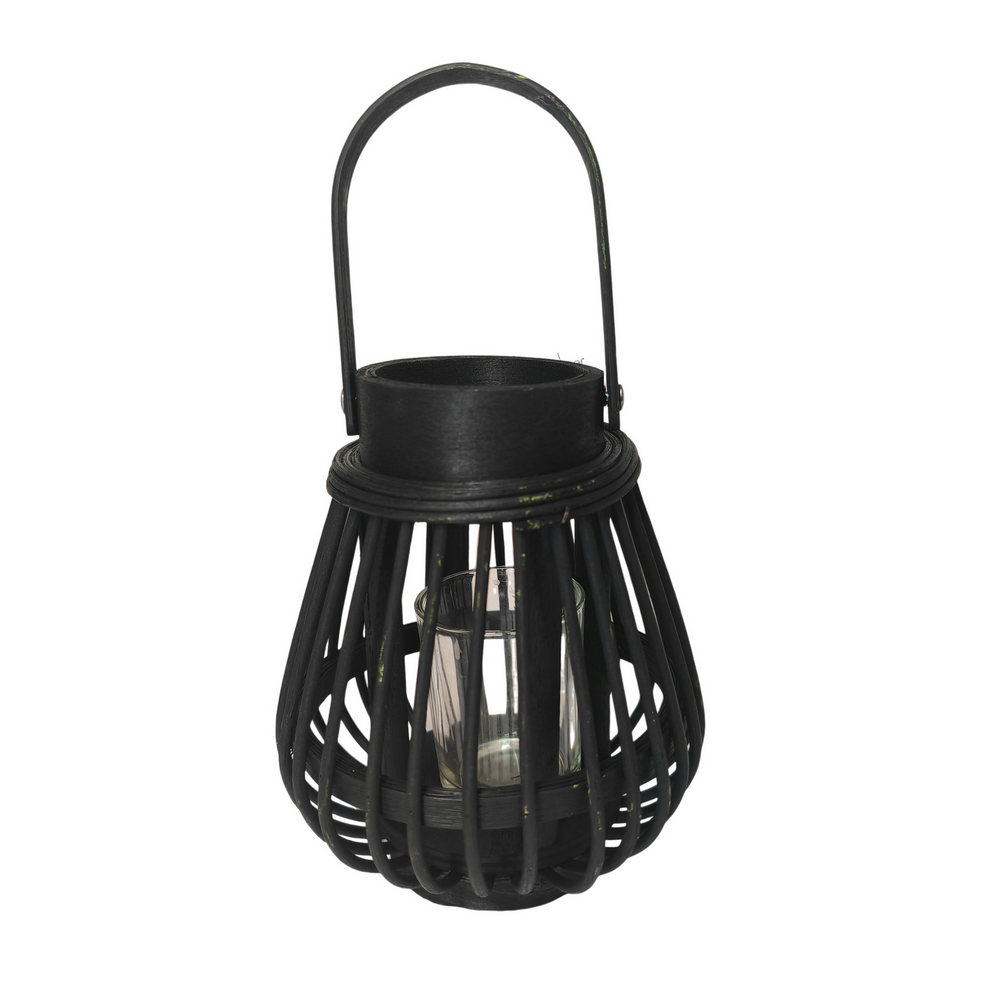 LANTERNE EN BAMBOU NOIR VERRE CYLINDRIQUE 14 X 17 X 14 CM - Photo N°1