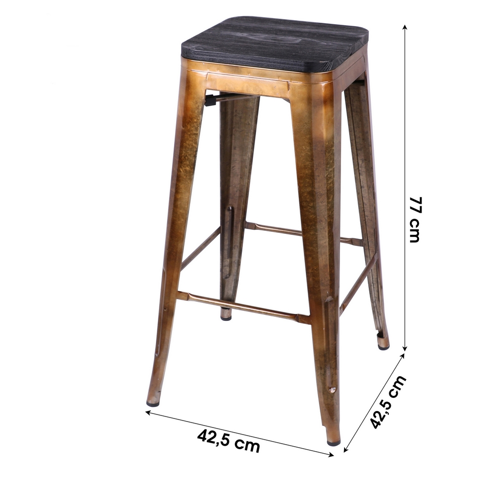 TABOURET BAR METAL INDUSTRIEL VERNIS DORE ASSISE BOIS NOIR 42.5 x 42.5 x 77 cm - Photo N°3